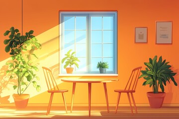 Modern Minimalist Interior Design with Wooden Table and Chairs, Natural Light and Vibrant Greenery for a Cozy Urban Lifestyle
