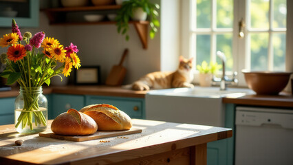 A vase of flowers and a loaf on a table