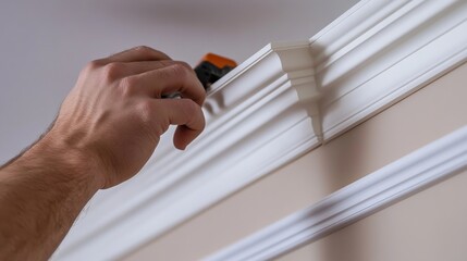 Carpenter installing crown molding in a living room. Featuring precision and craftsmanship