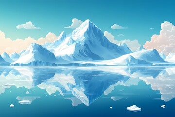 Serene Arctic Landscape. Iceberg Reflection and Majestic Mountain under Blue Skies