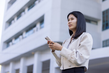 Future remote work combines technology smart phone connection online white digital business woman...