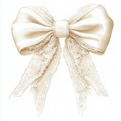 A delicate cream ribbon bow with lace detailing, perfect for decorative purposes or gift wrapping.