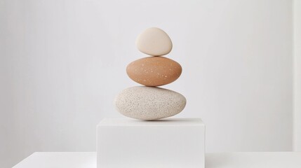 Three eggs balanced on a white pedestal.