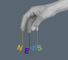Hand manipulating information, symbolizing media control, disinformation, and fake news. Concept of...