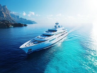 Luxury yacht sailing on turquoise ocean with bright sun and clear blue sky, minimalist composition, tranquil seascape,
