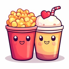Colorful Cartoon Characters Enjoying Popcorn and Drinks. Cute Illustration with Joyful Expressions Perfect for Movie Night and Summer Treats