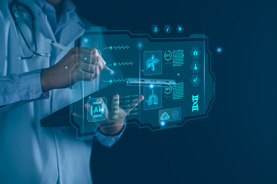 Medical Health Cloud data technology Concept, doctor analyzing with telemedicine, accessing cloud data via holographic interfaces displaying patient information, AI insights and body scans.