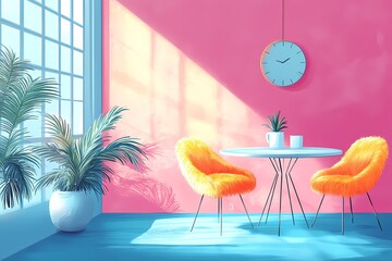 Modern and Vibrant Home Interior Design Featuring Colorful Furniture and Stylish Decor with Potted Plants