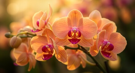 Fototapeta premium Peach-colored orchids with red and white centers bathed in golden sunlight