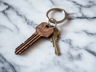 A single key on a wooden keyring placed on a surface