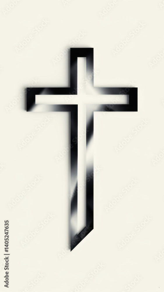 Poster stylized graphic with a pixelated representation of a christian cross set against a monochrome backg