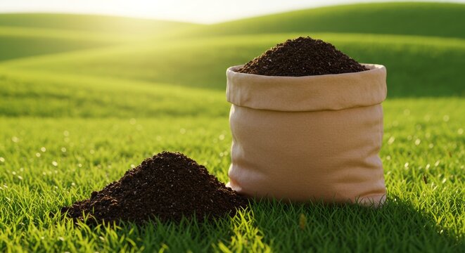 Bag of rich garden soil resting on vibrant green grass in the sunlight backdrop