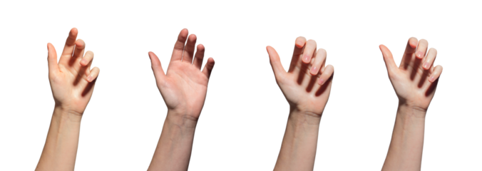 hand reaching out, ready to grab or hold something. Palm open with fingers extended, symbolizing offering or receiving. Closeup view of a hand in a sunny setting, isolated on white background, ideal.