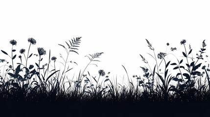 Black and White Silhouette of Flowers and Plants in a Field - Artistic Botanical Illustration with Natural Elements