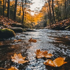 Autumn stream with fallen leaves