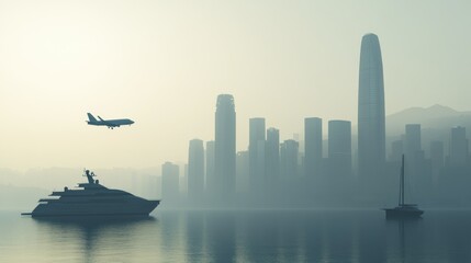 Urban landscape with silhouettes of skyscraper buildings and a city with a plane