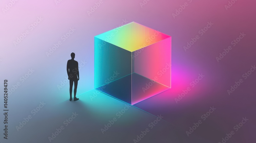 Poster person standing in front of a colorful transparent cube structure