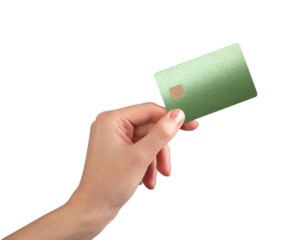 Hand holding blank credit card with gold chip, mockup for finance, banking, or payment design. Contactless transaction, shopping, and electronic payment concept. Isolated on white background..