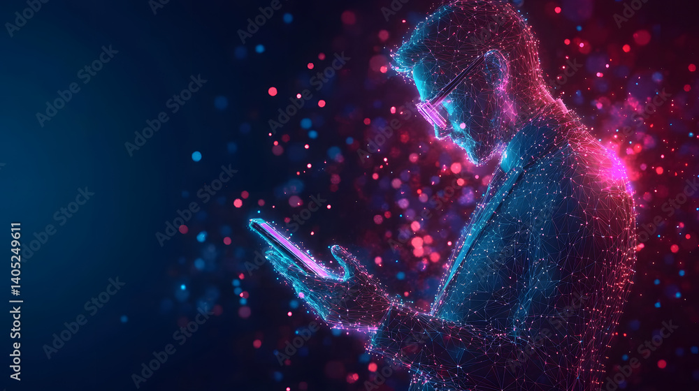 Poster abstract digital businessman with tablet uses chatbot app. concept of artificial intelligence and te