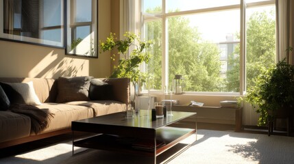 Sunlit living room with modern couch