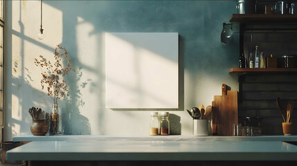 STYLE Eyelevel shot GENRE Industrial home SCENE Open space kitchen counter with industrial look and few objects behind the counter hangs a large 11 ratio blank