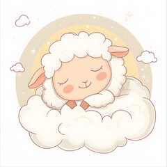 Cute cartoon lamb sleeping on a cloud