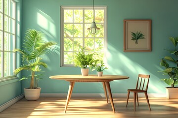 Modern Interior Design. Minimalist Room with Natural Light and Stylish Home Decor Featuring Plants