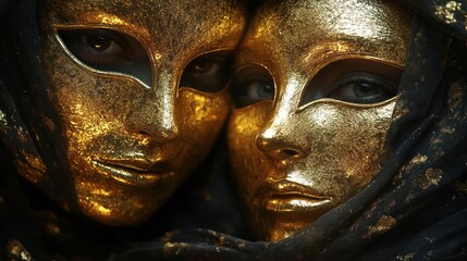 Two gold masks with black fabric and gold accents