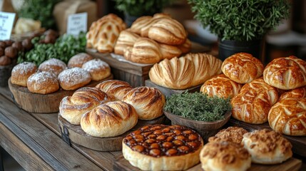 Freshly baked bread and pastries displayed on wooden tables at a vibrant market setting