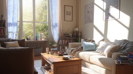 Sunlit living room with comfy couches