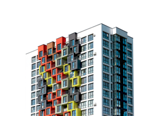 Modern residential building with sleek facade and large windows, showcasing apartments and condominiums. High-rise, multistory design for urban living and investment. Isolated on white background,.