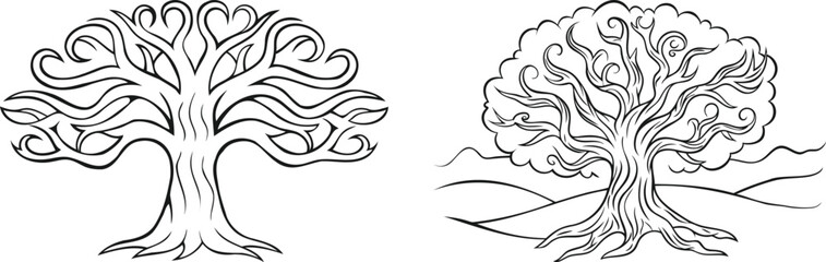 Abstract Tree with Intertwining Roots and Branches Line Art Vector | Decorative Nature Pattern Design