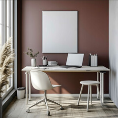 a very open office in light gray colors light burgundy walls and on the right wall a simple desk with a white board and legs on the desk an open work laptop a w
