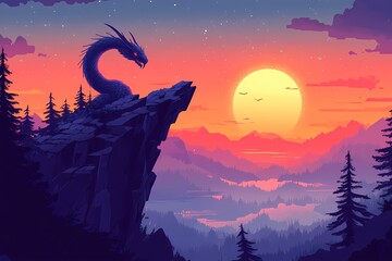 Epic Sunset Dragon. Fantasy Art Landscape with Mystical Mountain and Forest Scenery