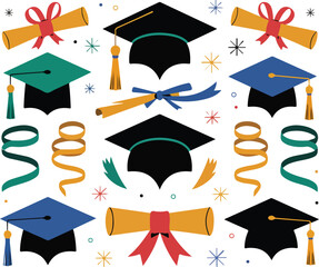  Graduation caps and diploma silhouettes, symbolizing academic achievement and success, perfect for education-themed designs.