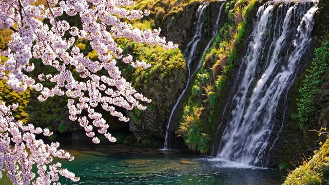 Waterfall cascading into serene pool, cherry blossoms in bloom
