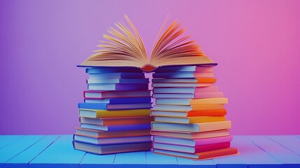 Fototapeta premium Colorful Book Stacks with Open Book on Purple Background, Two stacks of colorful books with an open book on top, set against a purple background