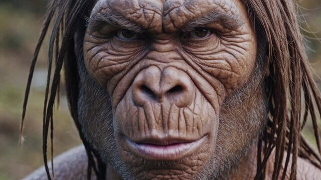 Neanderthal looking into camera, raw human ancestor expression