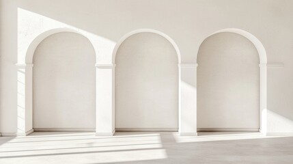 Fototapeta premium A minimalist white room with three arched doorways and a large window.