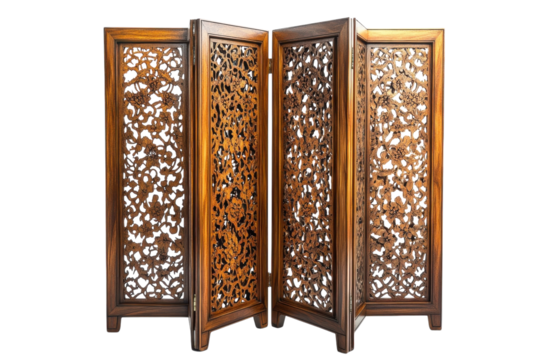 Intricate five panel room divider showcasing exquisite handcrafted wooden floral carvings against a stark black