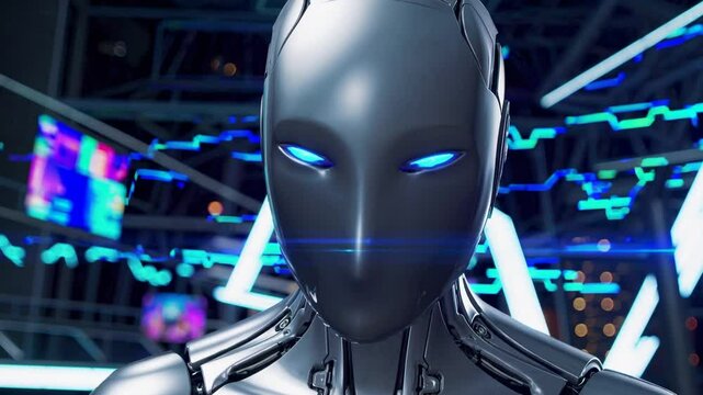 Futuristic AI robot looking into camera, intelligent gaze with neon tones
