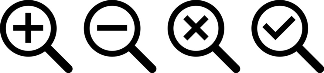 Obraz premium loupe icon set. loupe with check mark, cross mark. Search icon sign. Magnifying glass loupe symbol, magnifier signs collection