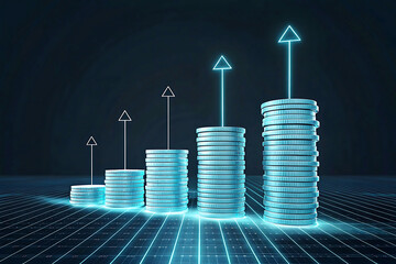 Futuristic Financial Growth Concept – Glowing Coin Stacks with Upward Arrows on Black Tech Background
