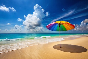 Fototapeta premium Tropical Paradise Escape: A vibrant rainbow-colored umbrella stands on a pristine sandy beach. The scene evokes a sense of serenity and invites you to unwind amid the gentle sound of the ocean waves.