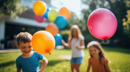 Children joyfully playing with colorful balloons in a sunny backyard