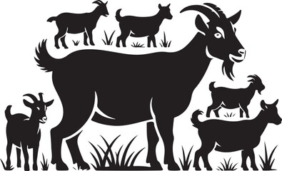  Playful silhouettes of goats in different poses, surrounded by grass, ideal for farm and animal-themed designs.