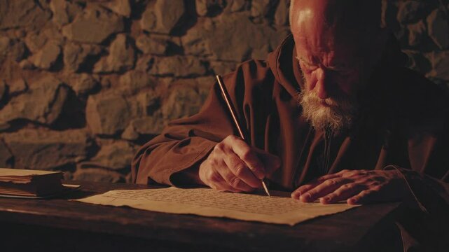 Medieval monk writing by candlelight in stone monastery