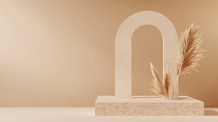 Fototapeta premium A beige stone archway with a plant on top, set against a plain beige wall.