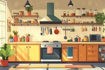 Modern Kitchen Interior Illustration. Cozy & Elegant Home Cooking Space with Decorative Furniture and Gourmet Equipment