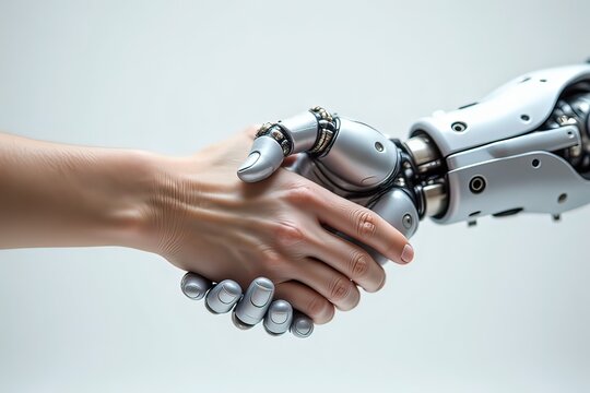 Ai mani umane e robotiche che si stringono per collaborare 04